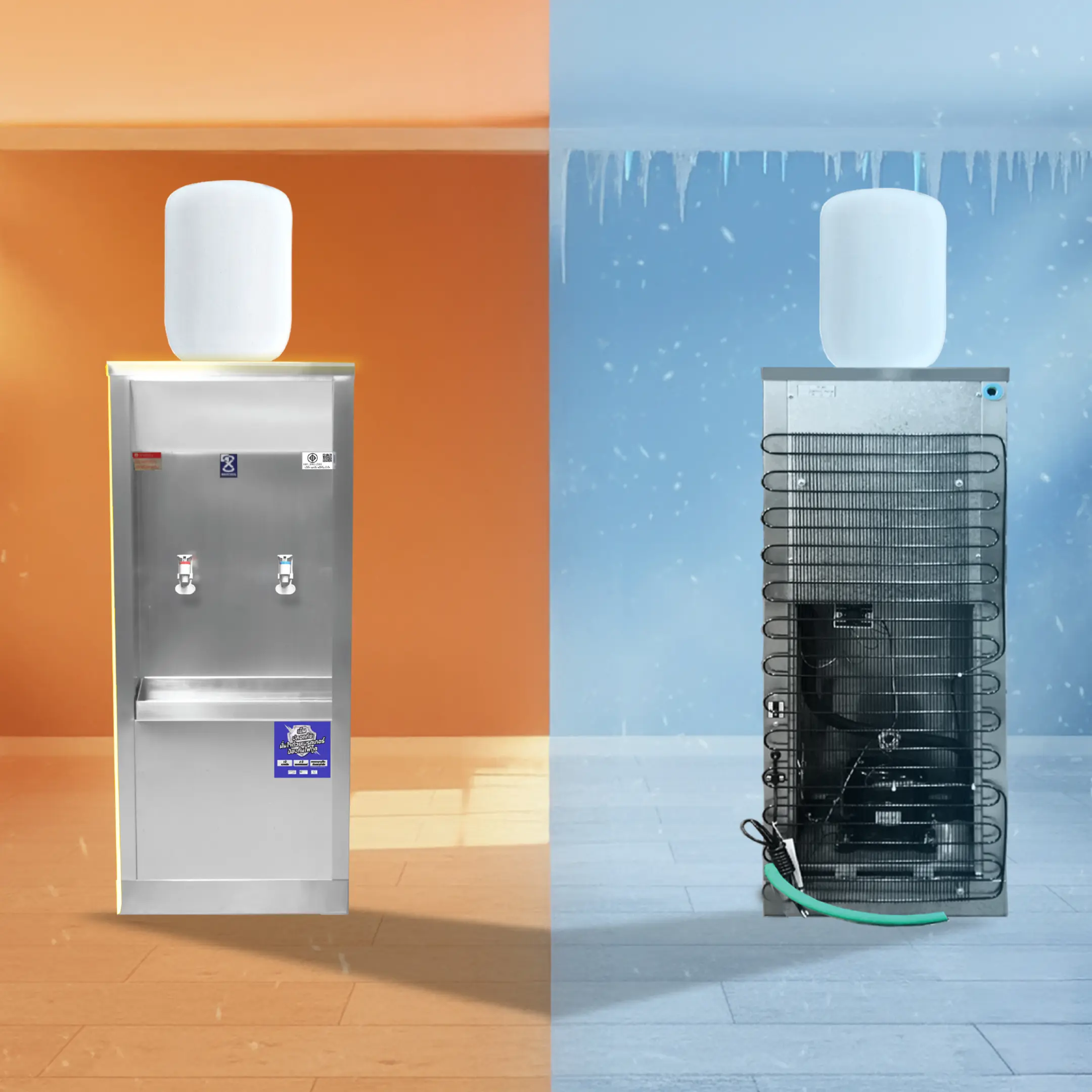 ตู้ทำน้ำร้อนน้ำเย็น แบบเติมน้ำ สแตนเลส รุ่นระบายความร้อนแผงร้อน MAXCOOL