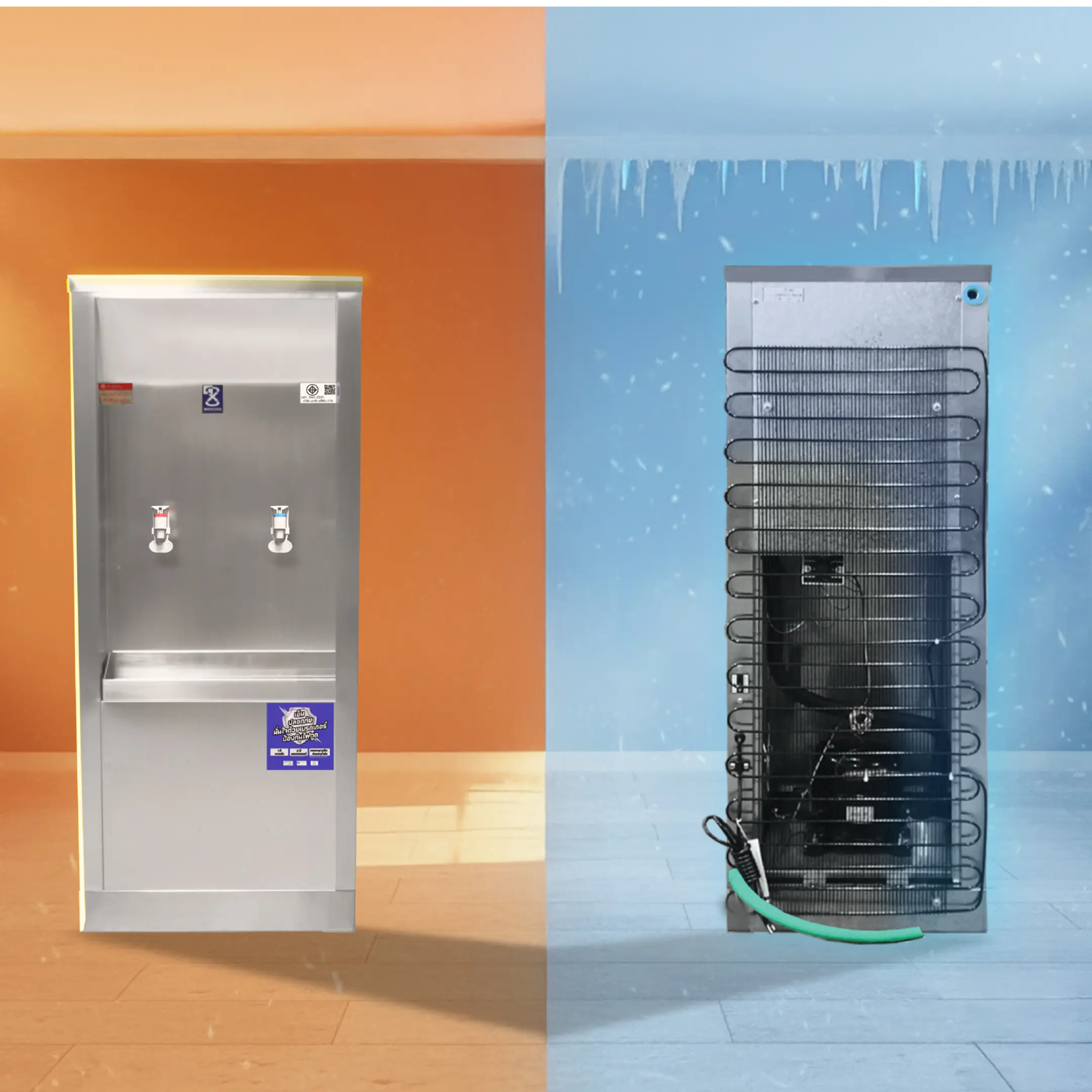 ตู้ทำน้ำร้อน น้ำเย็น แบบต่อท่อ สแตนเลส 304 ระบบแผงร้อน MAXCOOL.